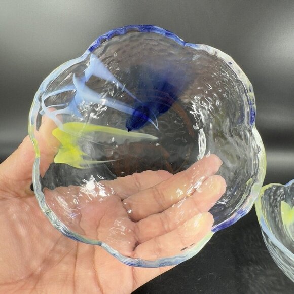 Vintage Aderia Glass Bowl Set 2 Made In Japan Clear Blue Yellow Swirls Ruffled - Picture 16 of 16